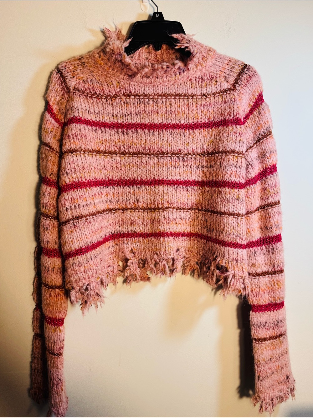 NWOT Pinko Sz Med Pink Striped Frayed-Hem Turtleneck Sweater
